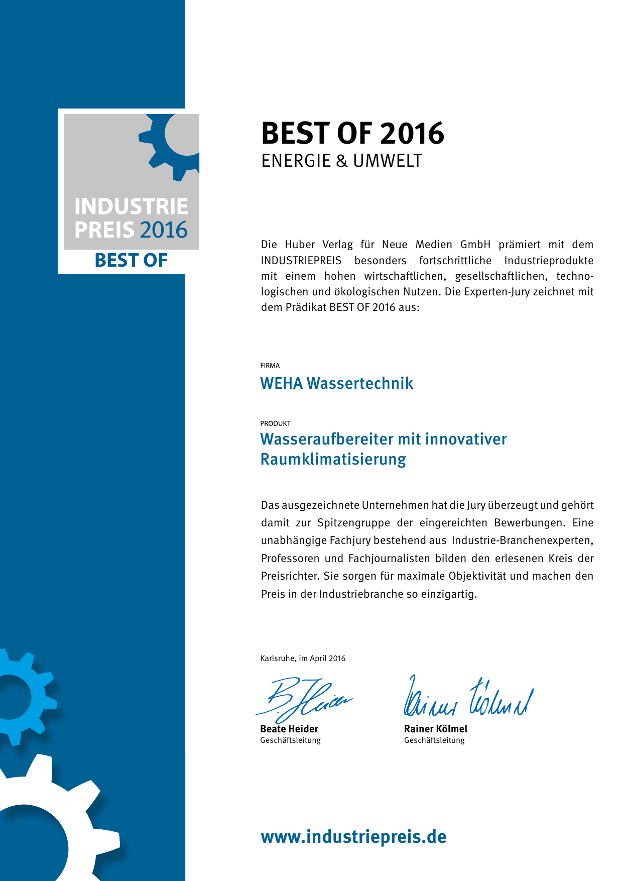 Vollständiges Zertifikat Industriepreis Best of 2016 für WEHA Wassertechnik