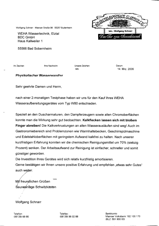 Schriftliche Kundenbestätigung der Saunaanlage Schwitzkasten