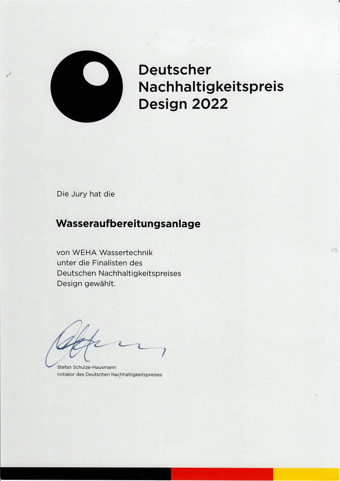 German Sustainability Award Design 2022 finalist certificate for WEHA W60