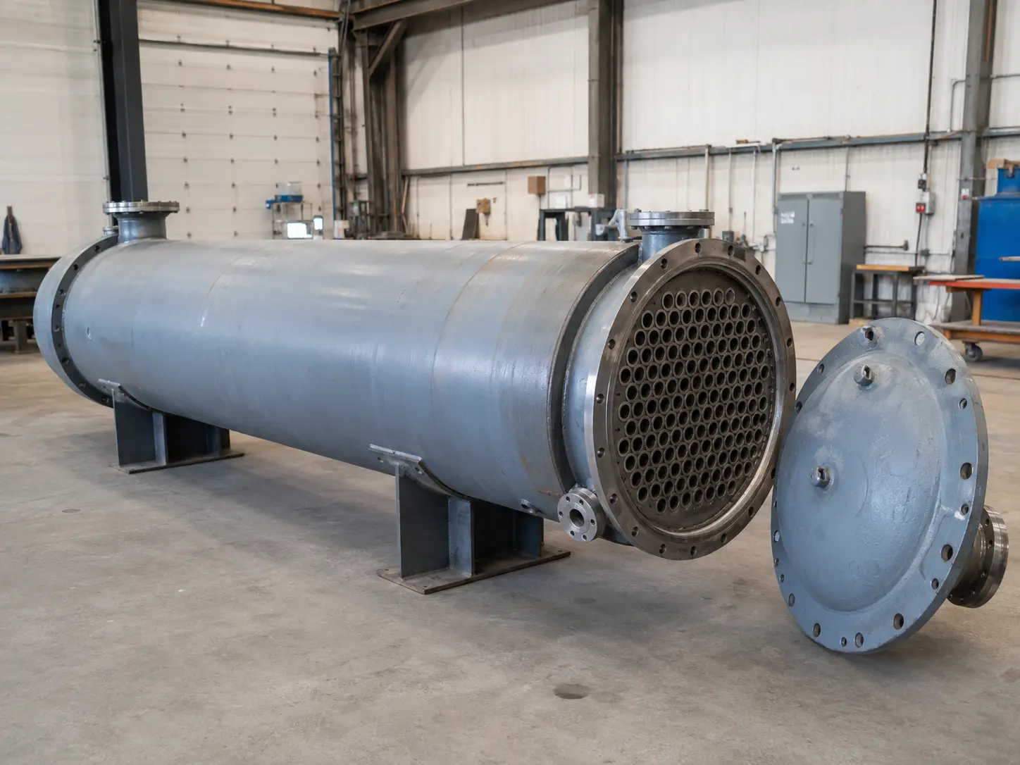 Standarddarstellung eines geöffneten industriellen Rohrbündelkondensators mit sichtbarem Rohrboden