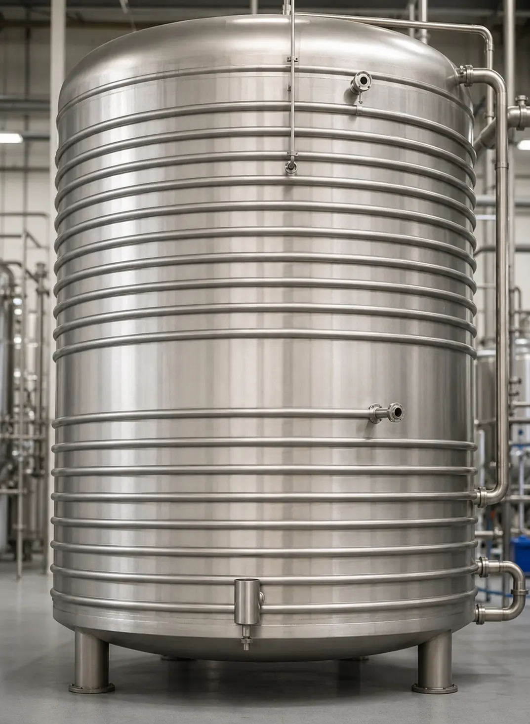 Neutral dargestellter industrieller Fermentationsbehälter mit außenliegendem Kühlsystem