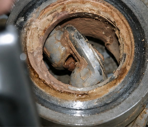 Geöffnetes Ventil vor der WEHA Anwendung mit starken Ablagerungen