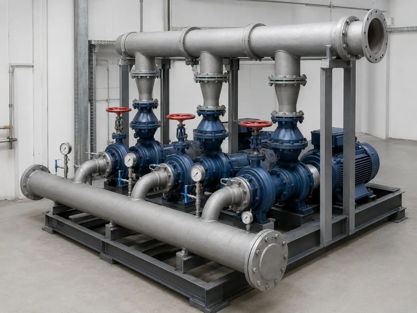 Industrielle Pumpengruppe mit drei Pumpen und gemeinsamer Zulaufleitung
