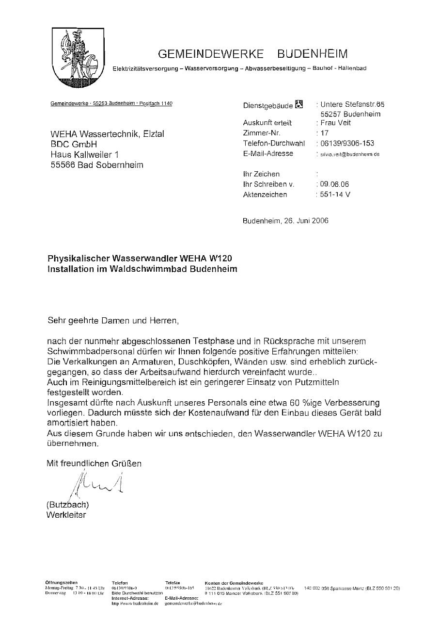 Originalreferenz der Gemeindewerke Budenheim von 2006