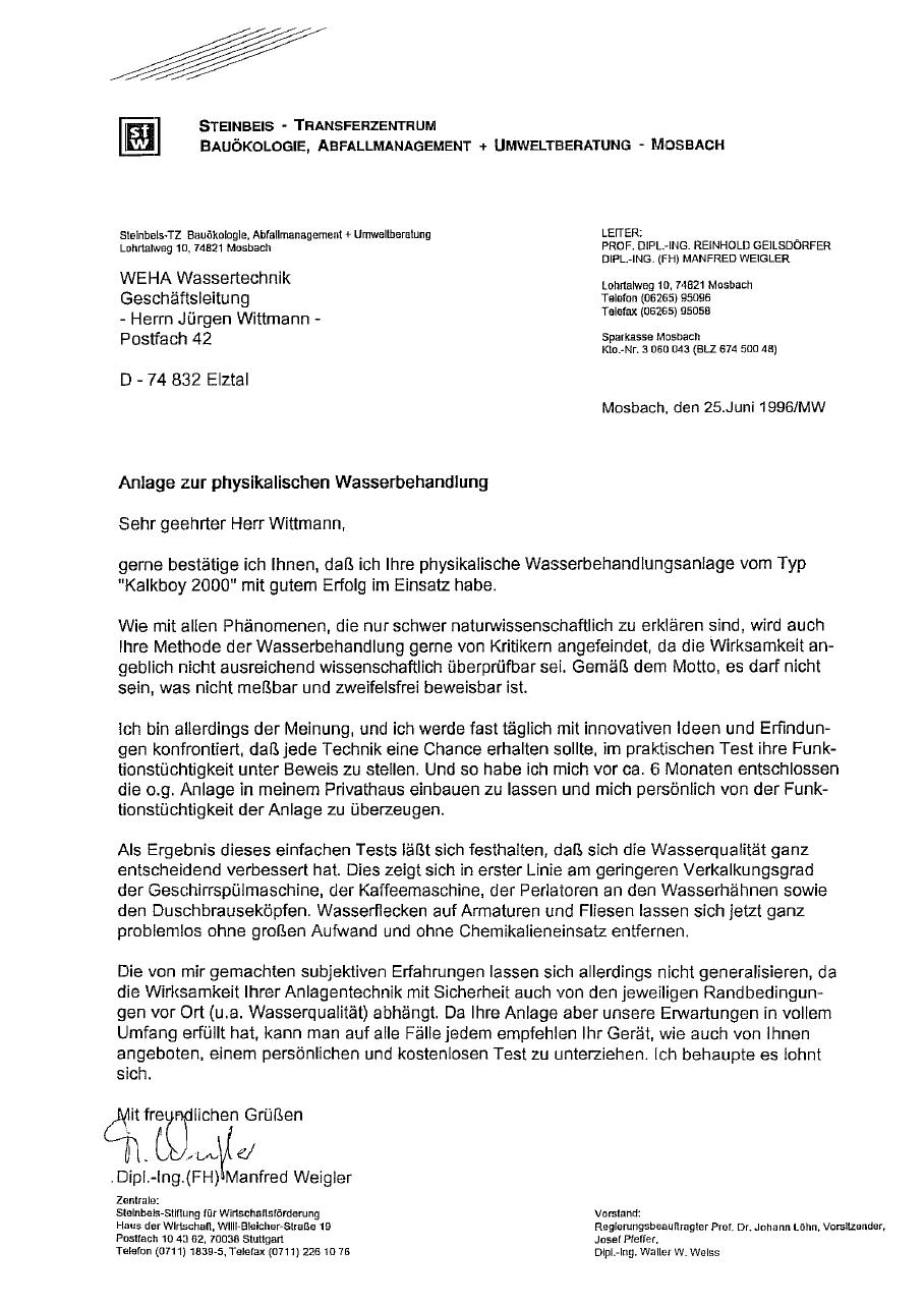 Schreiben des Steinbeis-Transferzentrums von 1996