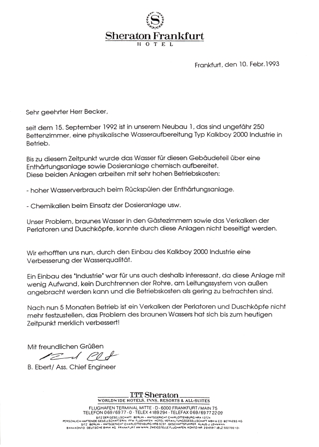 Originales Referenzschreiben des Sheraton Frankfurt Hotels